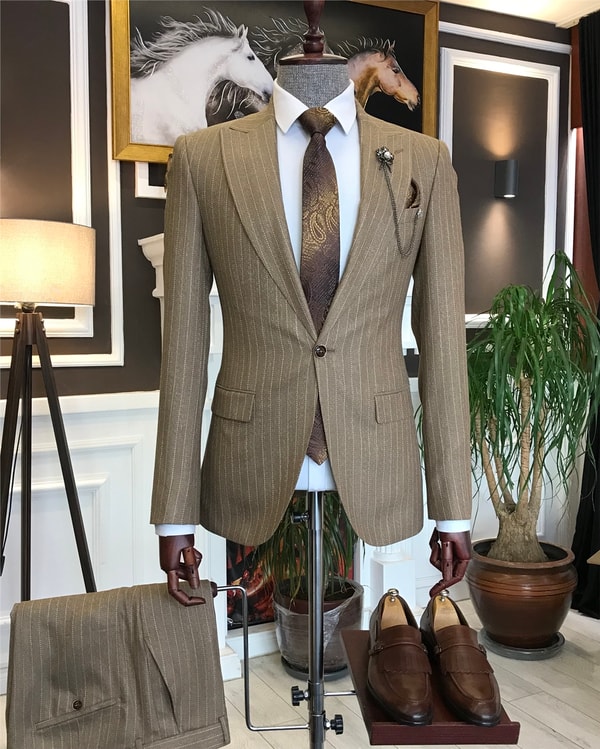 İtalyan stil slim fit erkek ceket pantolon takım elbise camel T6481 · 5