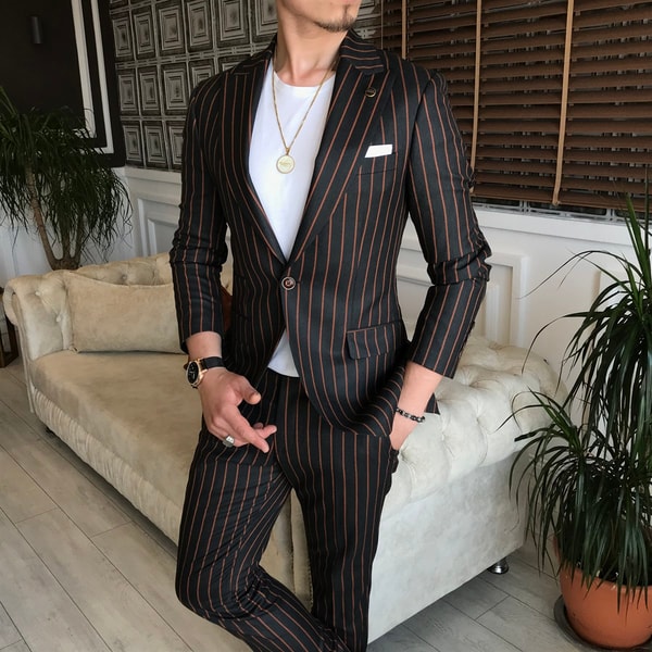 İtalyan stil slim fit erkek ceket pantolon takım elbise siyah T6087 · 2
