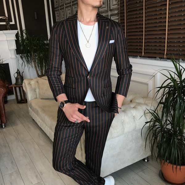 İtalyan stil slim fit erkek ceket pantolon takım elbise siyah T6087 · 8