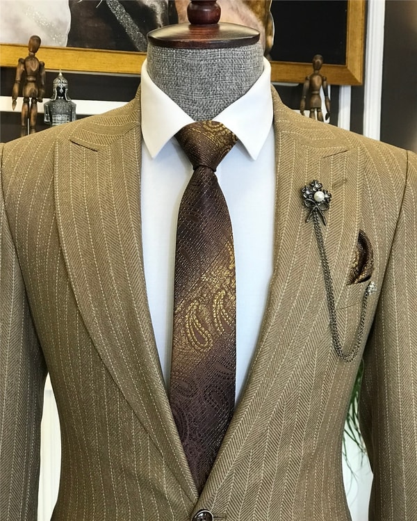 İtalyan stil slim fit erkek ceket pantolon takım elbise camel T6481 · 6