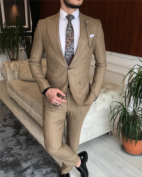 İtalyan stil slim fit erkek ceket pantolon takım elbise camel T6481