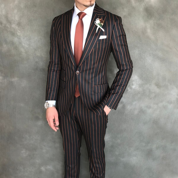 İtalyan stil slim fit erkek ceket pantolon takım elbise siyah T6087 · 6