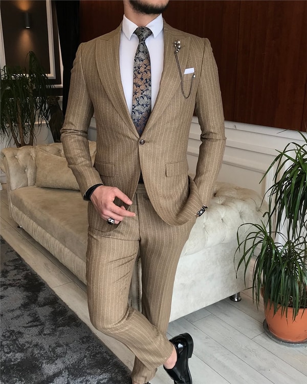 İtalyan stil slim fit erkek ceket pantolon takım elbise camel T6481 · 2
