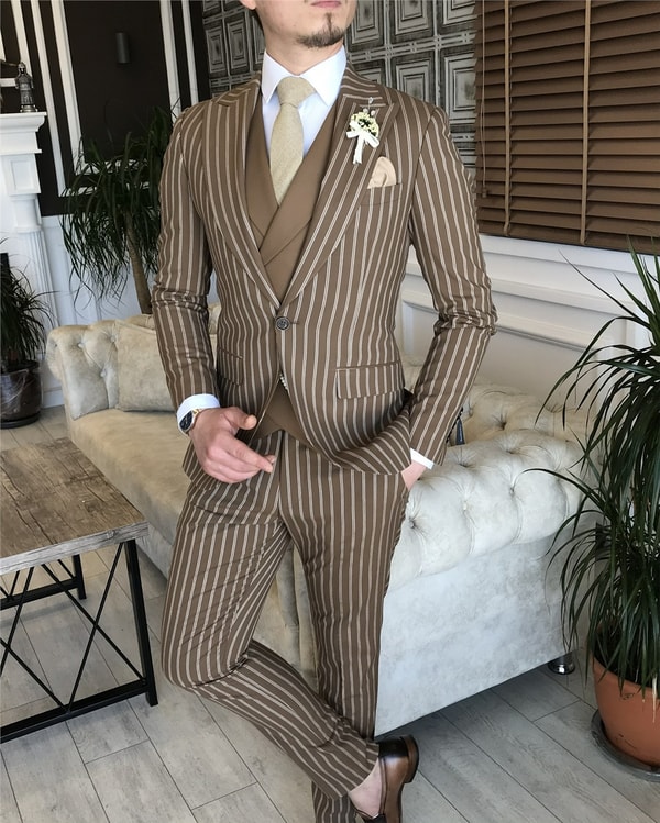 İtalyan stil slim fit erkek ceket yelek pantolon takım elbise camel T5942 · 3