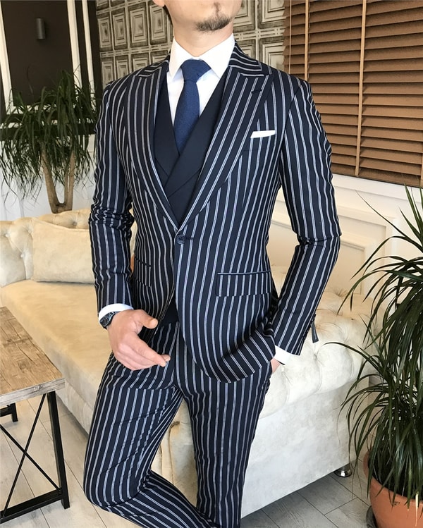 İtalyan stil slim fit erkek ceket yelek pantolon takım elbise lacivert T5937 · 3