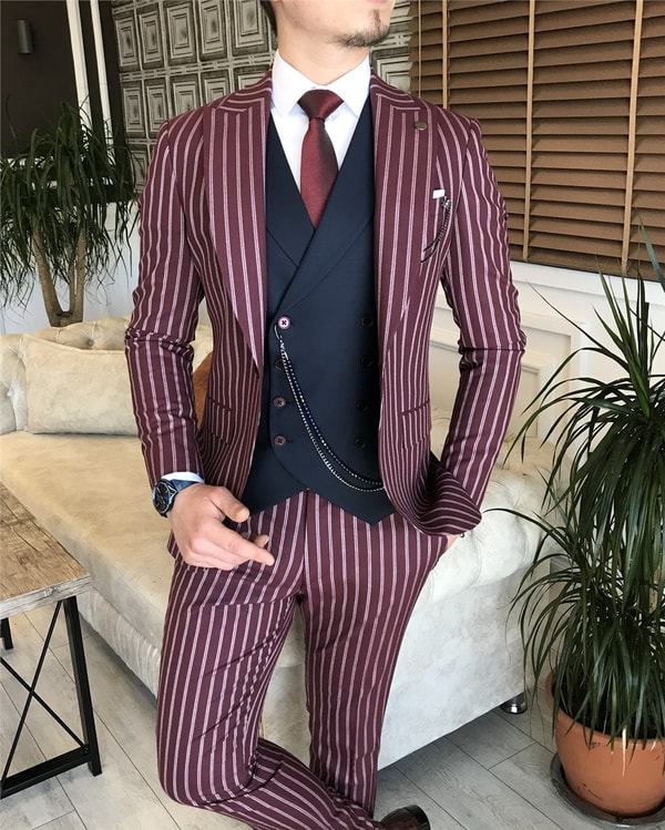 İtalyan stil slim fit erkek ceket yelek pantolon takım elbise bordo T5940 · 6