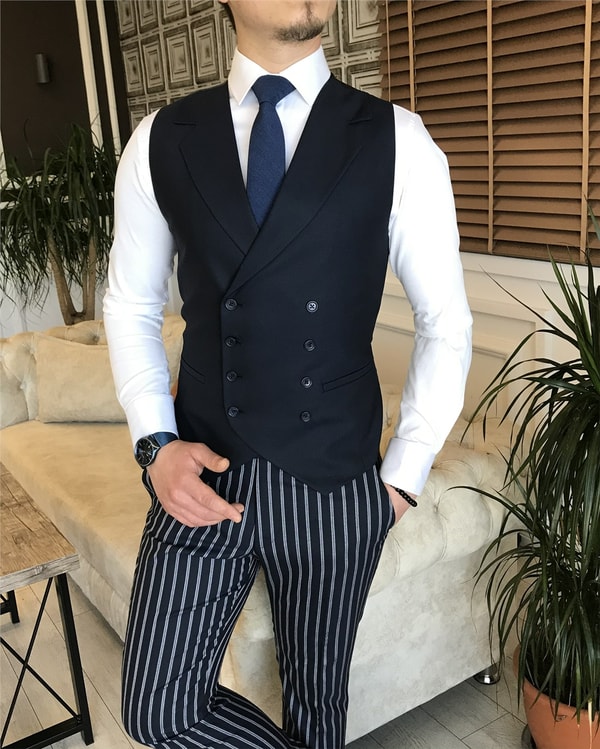 İtalyan stil slim fit erkek ceket yelek pantolon takım elbise lacivert T5937 · 6