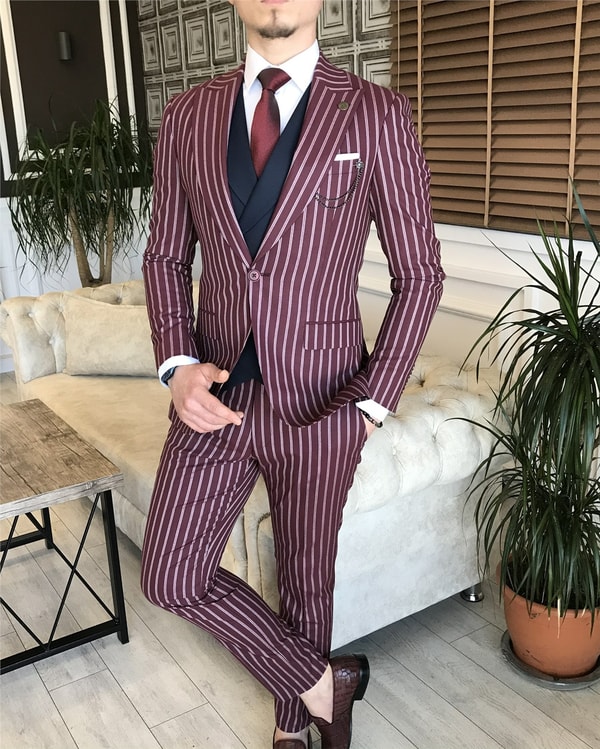 İtalyan stil slim fit erkek ceket yelek pantolon takım elbise bordo T5940 · 4