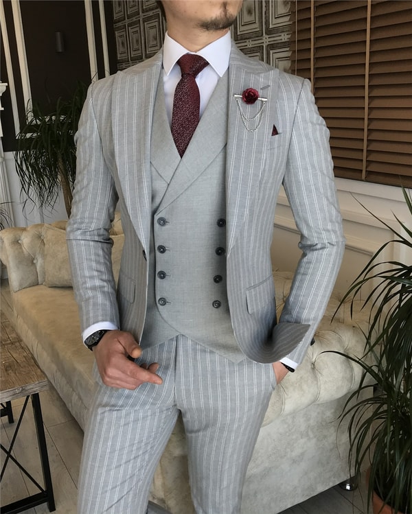 İtalyan stil slim fit erkek ceket yelek pantolon takım elbise gri T5939 · 4