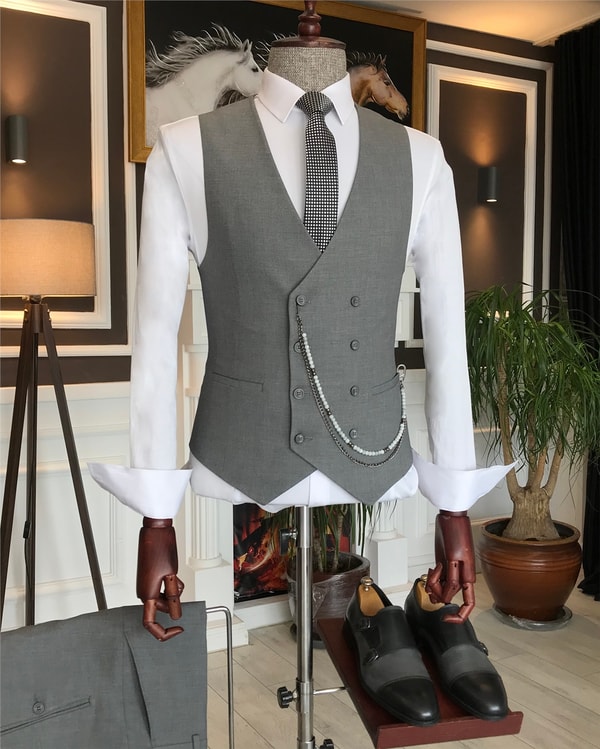İtalyan stil slim fit erkek ceket yelek pantolon takım elbise Gri T5899 · 4