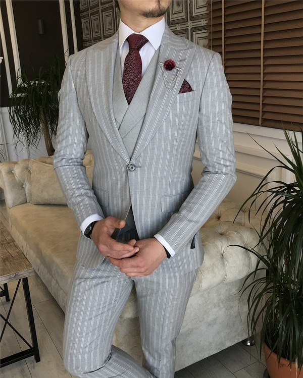 İtalyan stil slim fit erkek ceket yelek pantolon takım elbise gri T5939 · 2