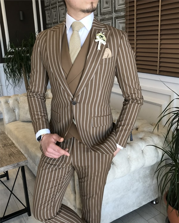 İtalyan stil slim fit erkek ceket yelek pantolon takım elbise camel T5942 · 4