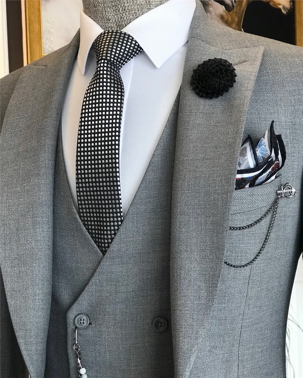 İtalyan stil slim fit erkek ceket yelek pantolon takım elbise Gri T5899 · 6