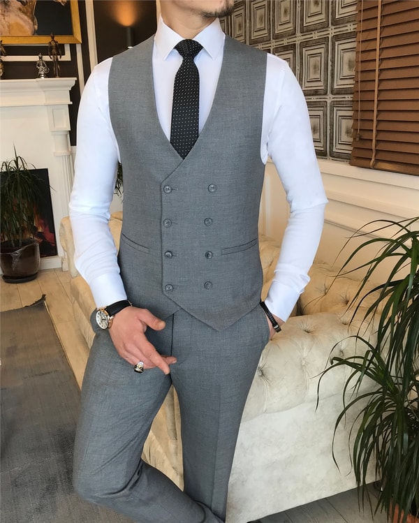 İtalyan stil slim fit erkek ceket yelek pantolon takım elbise Gri T5899 · 2
