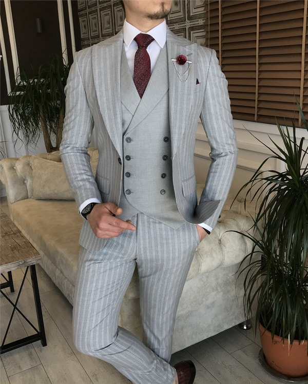 İtalyan stil slim fit erkek ceket yelek pantolon takım elbise gri T5939 · 3