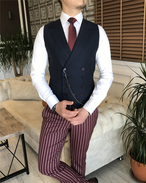 İtalyan stil slim fit erkek ceket yelek pantolon takım elbise bordo T5940 · 7