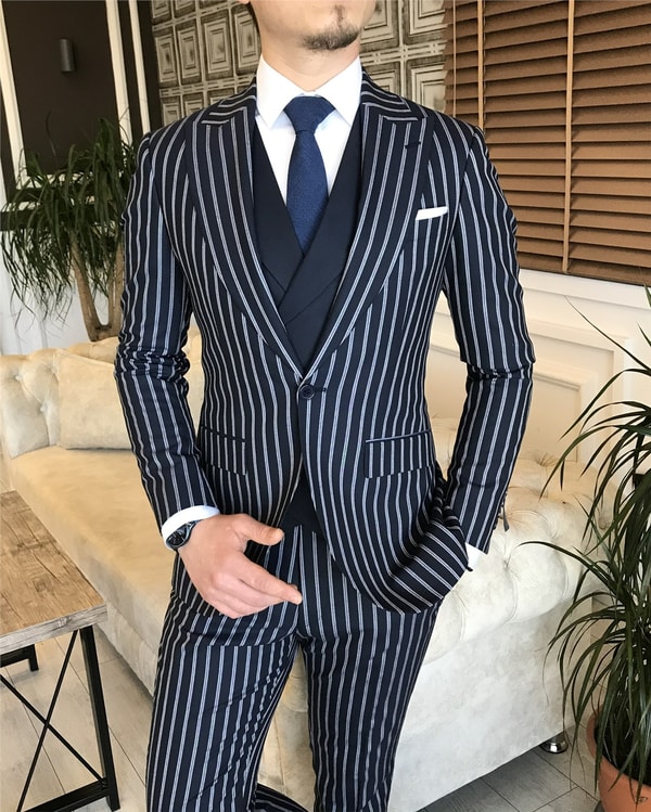 İtalyan stil slim fit erkek ceket yelek pantolon takım elbise lacivert T5937 · 2