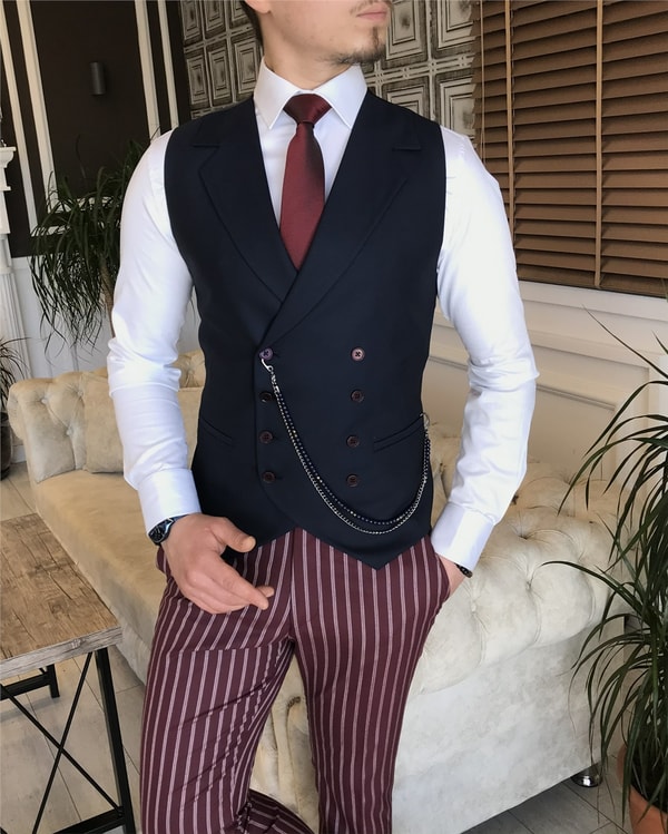 İtalyan stil slim fit erkek ceket yelek pantolon takım elbise bordo T5940 · 8