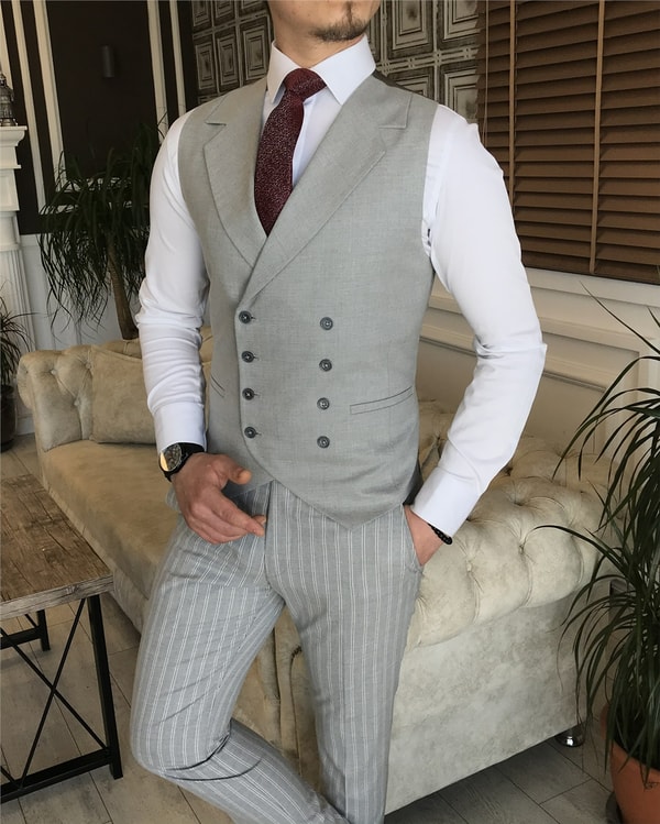 İtalyan stil slim fit erkek ceket yelek pantolon takım elbise gri T5939 · 5
