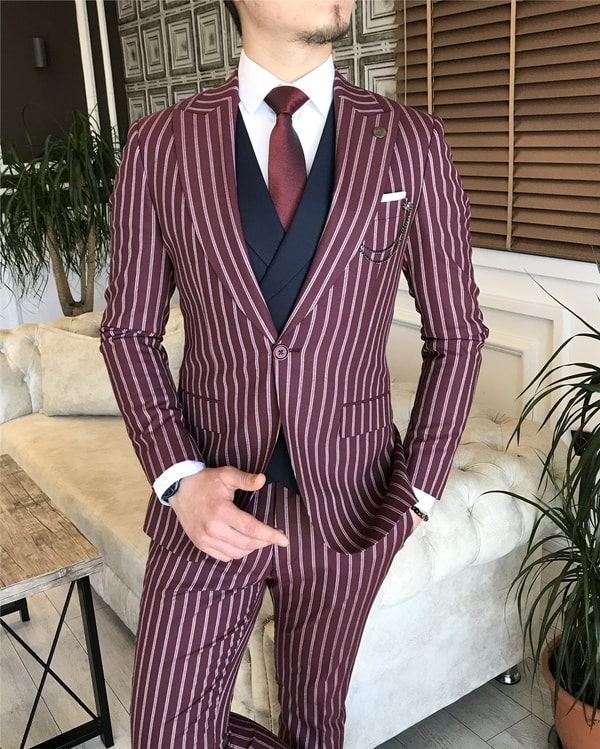 İtalyan stil slim fit erkek ceket yelek pantolon takım elbise bordo T5940 · 3