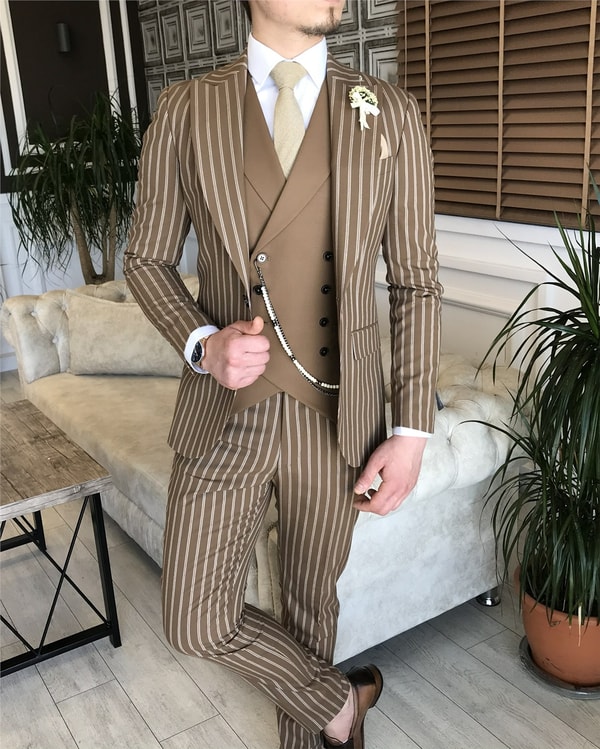 İtalyan stil slim fit erkek ceket yelek pantolon takım elbise camel T5942 · 7