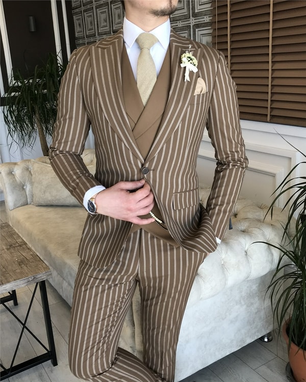 İtalyan stil slim fit erkek ceket yelek pantolon takım elbise camel T5942 · 5