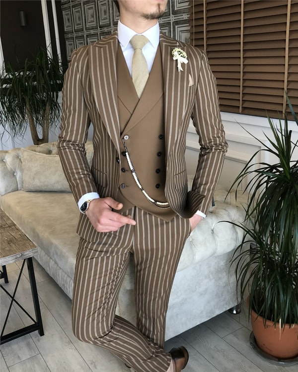 İtalyan stil slim fit erkek ceket yelek pantolon takım elbise camel T5942 · 6
