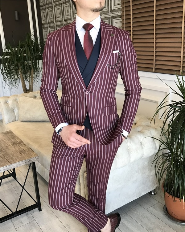 İtalyan stil slim fit erkek ceket yelek pantolon takım elbise bordo T5940 · 2