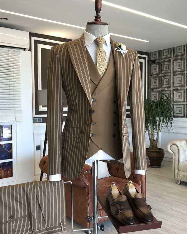İtalyan stil slim fit erkek ceket yelek pantolon takım elbise camel T5942 · 9