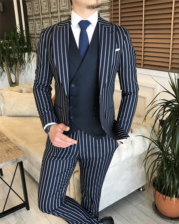 İtalyan stil slim fit erkek ceket yelek pantolon takım elbise lacivert T5937 · 4