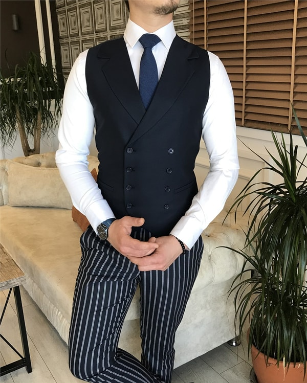 İtalyan stil slim fit erkek ceket yelek pantolon takım elbise lacivert T5937 · 5