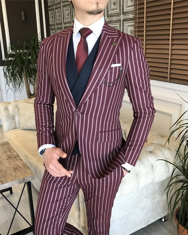İtalyan stil slim fit erkek ceket yelek pantolon takım elbise bordo T5940 · 5