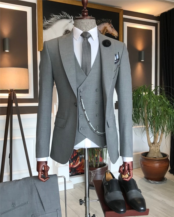 İtalyan stil slim fit erkek ceket yelek pantolon takım elbise Gri T5899 · 3