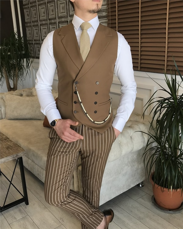 İtalyan stil slim fit erkek ceket yelek pantolon takım elbise camel T5942 · 8