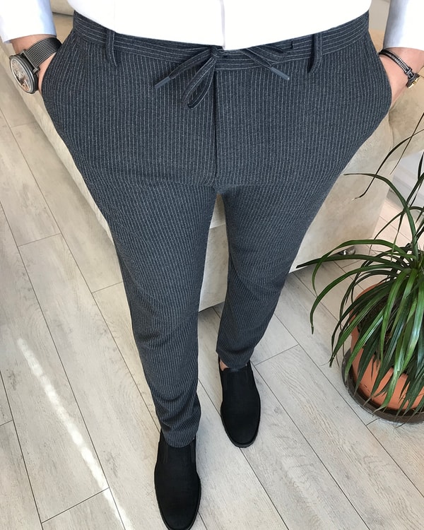 slim fit  çizgili  pantolon Koyu Gri T6161 · 2