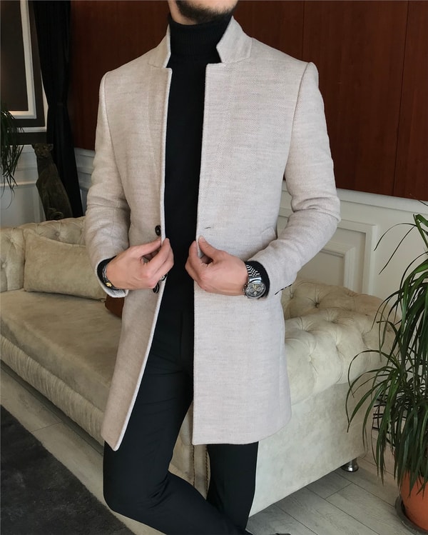 İtalyan stil slim fit erkek dik mono yaka yün kaşe kaban Bej T6524 · 6