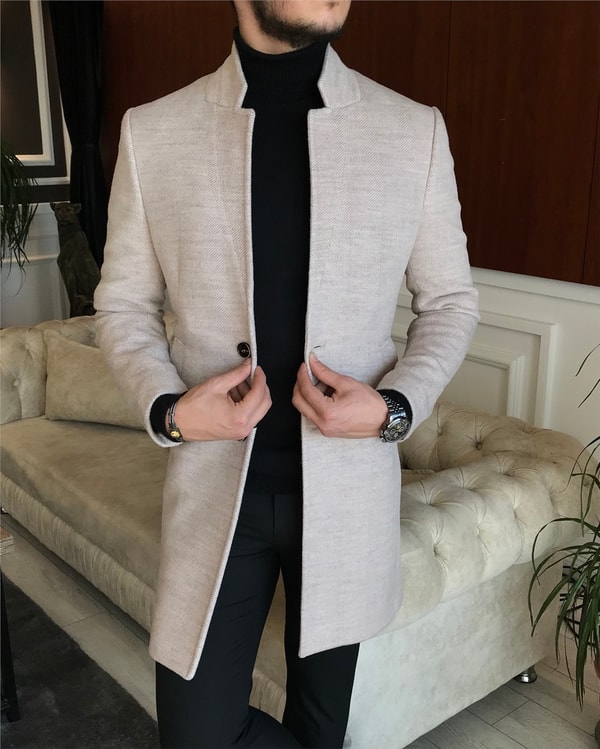 İtalyan stil slim fit erkek dik mono yaka yün kaşe kaban Bej T6524 · 3