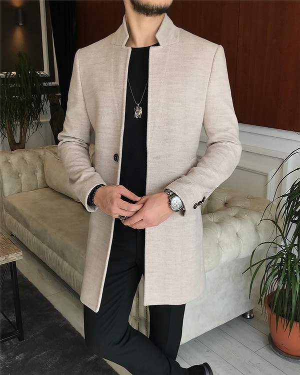 İtalyan stil slim fit erkek dik mono yaka yün kaşe kaban Bej T6524 · 2