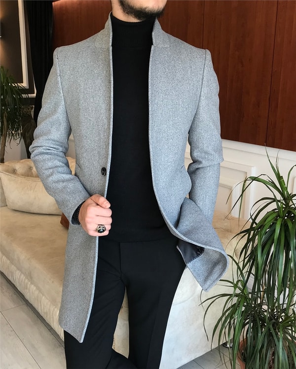 İtalyan stil slim fit erkek dik mono yaka yün kaşe kaban Gri T6515 · 2