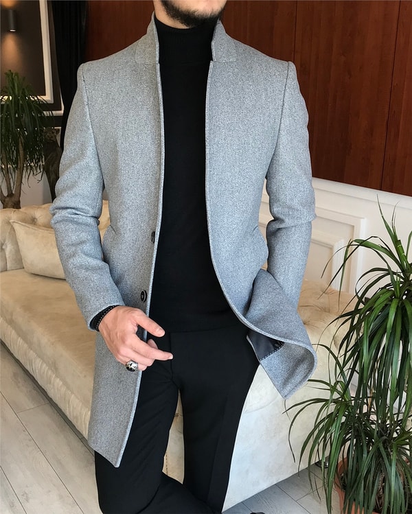 İtalyan stil slim fit erkek dik mono yaka yün kaşe kaban Gri T6515