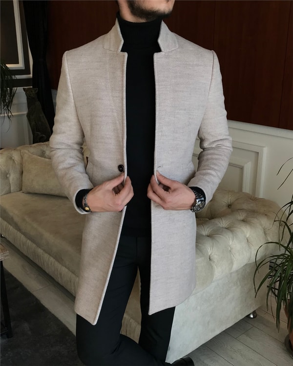 İtalyan stil slim fit erkek dik mono yaka yün kaşe kaban Bej T6524 · 4