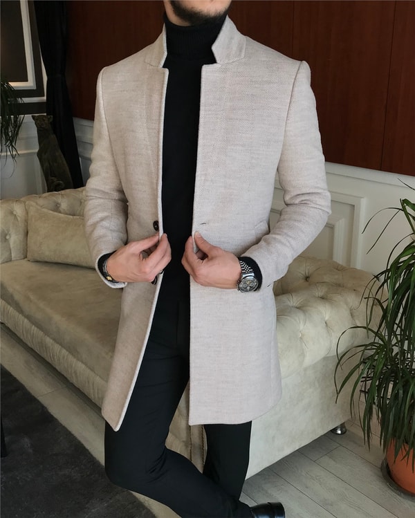İtalyan stil slim fit erkek dik mono yaka yün kaşe kaban Bej T6524 · 5