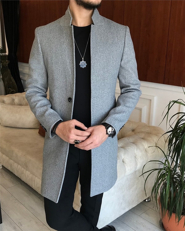 İtalyan stil slim fit erkek dik mono yaka yün kaşe kaban Gri T6515 · 3
