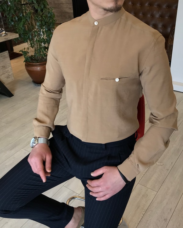 italyan stil slim fit erkek hakim yaka gömlek Açık Camel T5763 · 3