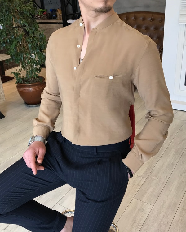 italyan stil slim fit erkek hakim yaka gömlek Açık Camel T5763 · 2