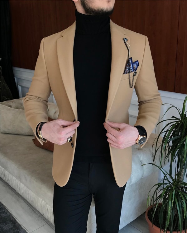 İtalyan stil slim fit erkek kaşe mono yaka tek ceket Bal Köpüğü T6852 · 5