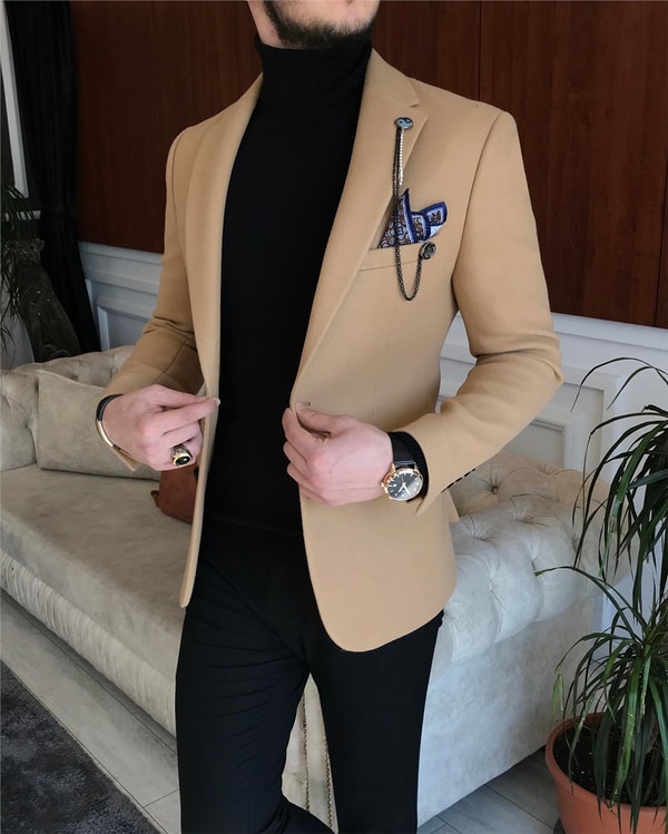 İtalyan stil slim fit erkek kaşe mono yaka tek ceket Bal Köpüğü T6852 · 7