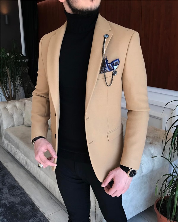 İtalyan stil slim fit erkek kaşe mono yaka tek ceket Bal Köpüğü T6852 · 8