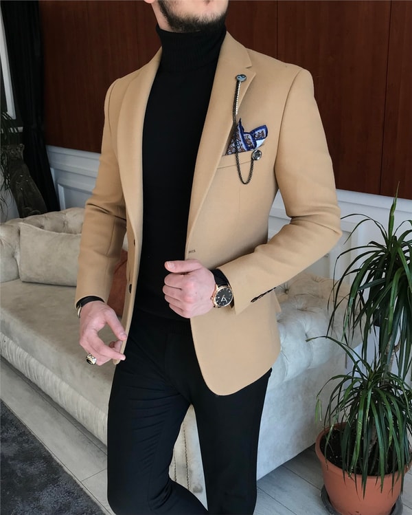 İtalyan stil slim fit erkek kaşe mono yaka tek ceket Bal Köpüğü T6852 · 6