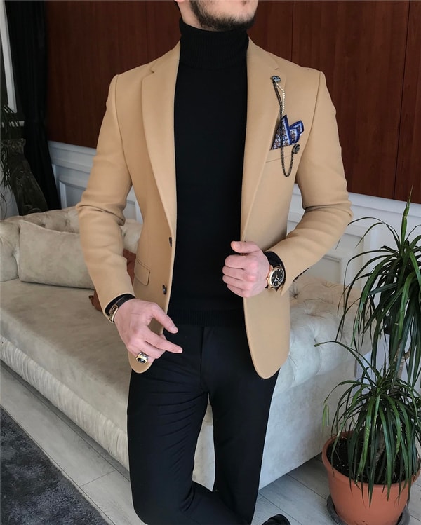 İtalyan stil slim fit erkek kaşe mono yaka tek ceket Bal Köpüğü T6852 · 4